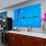 a kitchen with a blue screen
